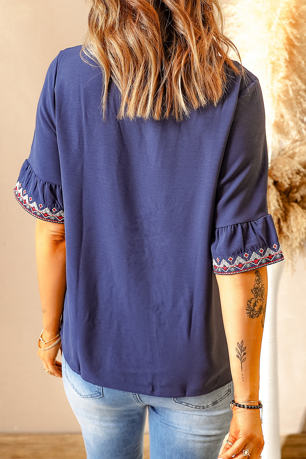 Blue Boho Floral V Neck Casual Blouse Top