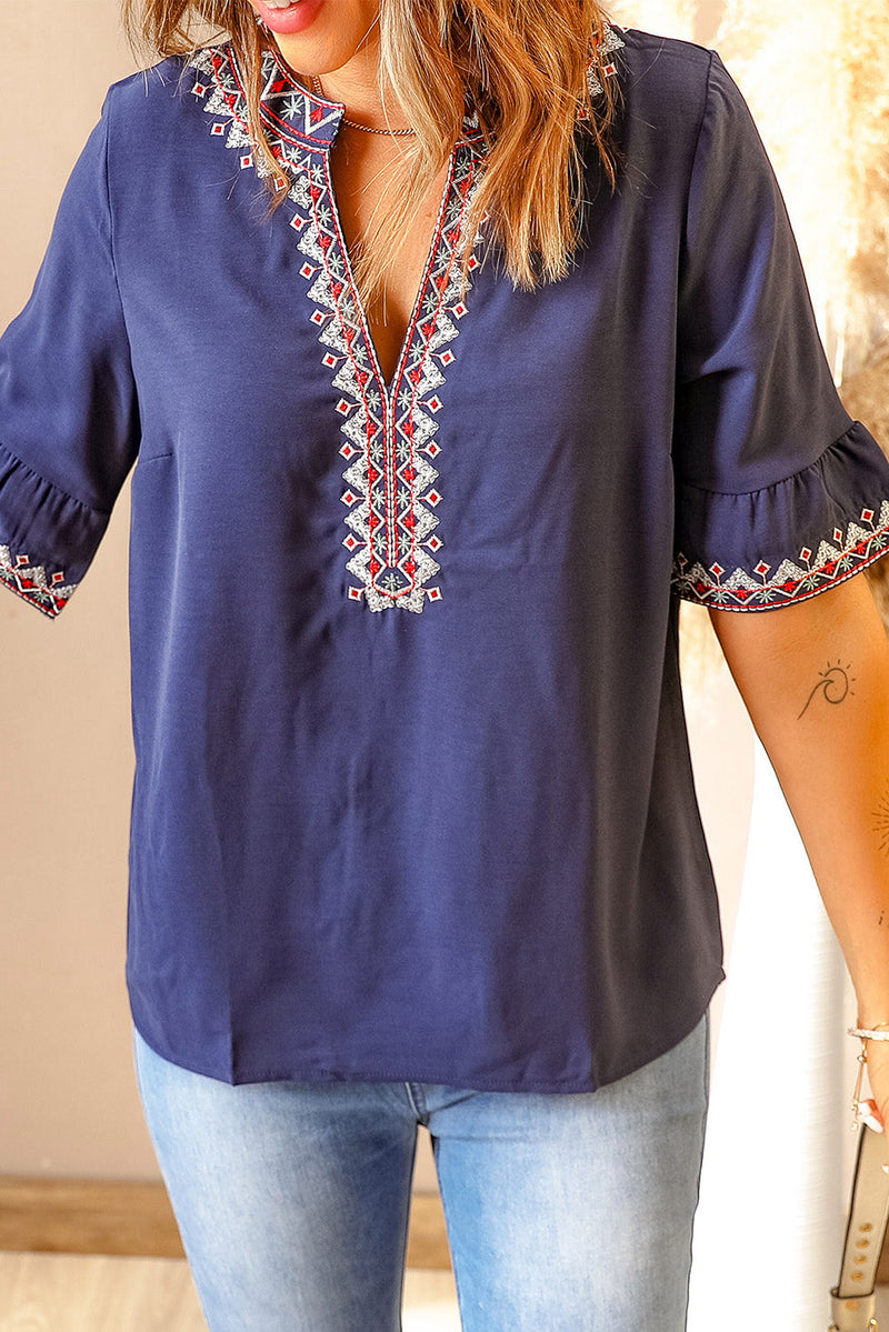 Blue Boho Floral V Neck Casual Blouse Top