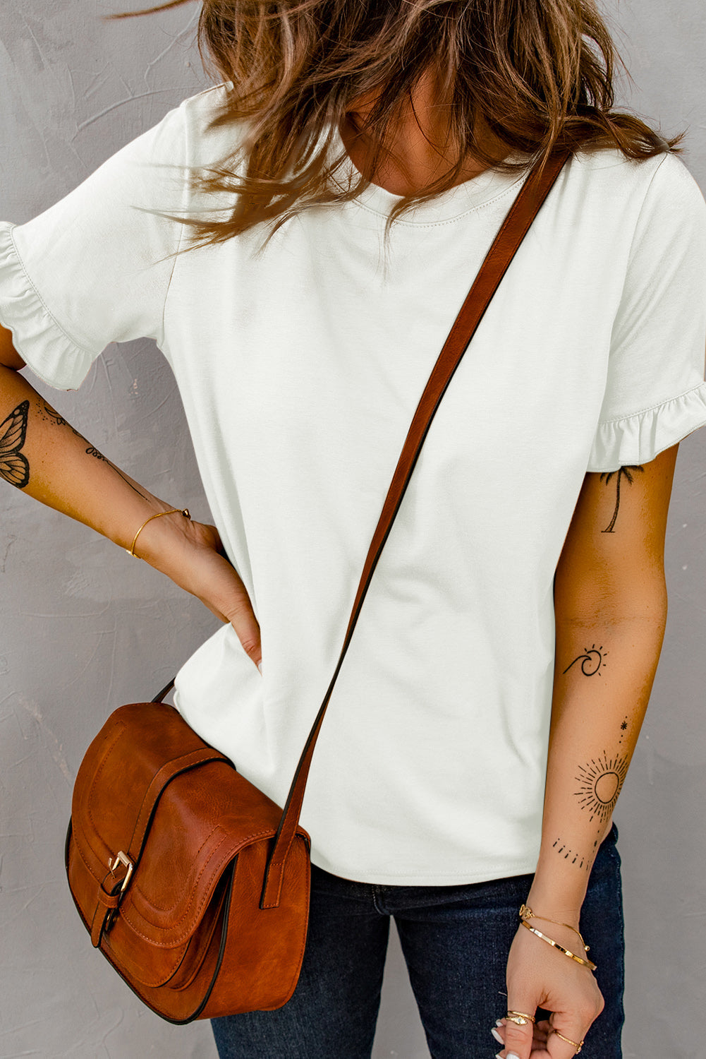 Comfy White Solid Ruffled Short Sleeve T-shirt