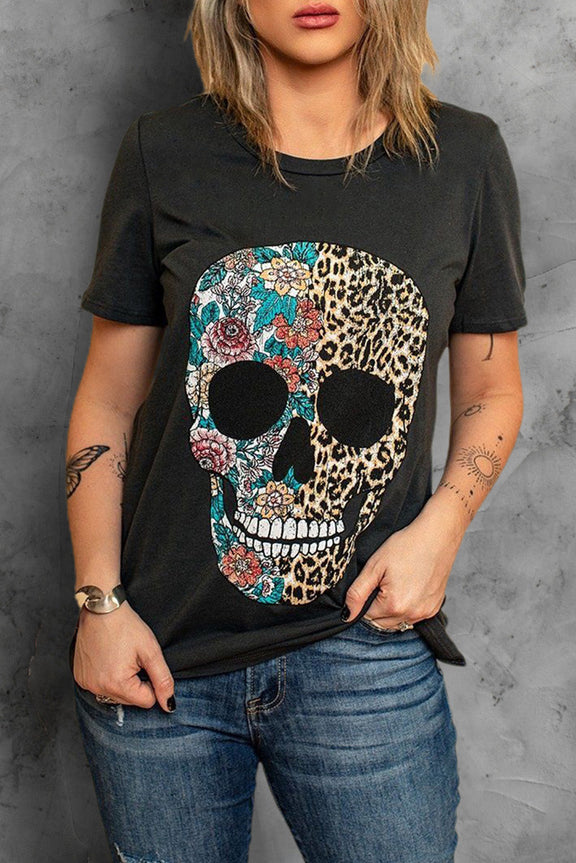 Womens Black Leopard & Floral Skull Tee