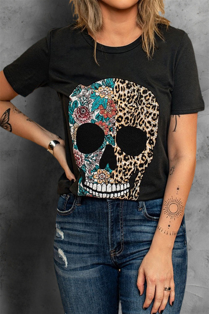 Womens Black Leopard & Floral Skull Tee