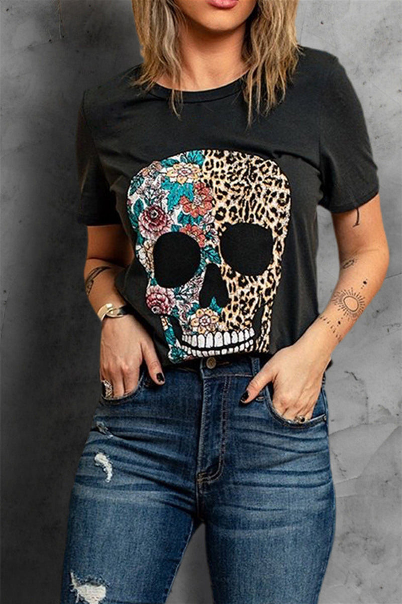 Womens Black Leopard & Floral Skull Tee