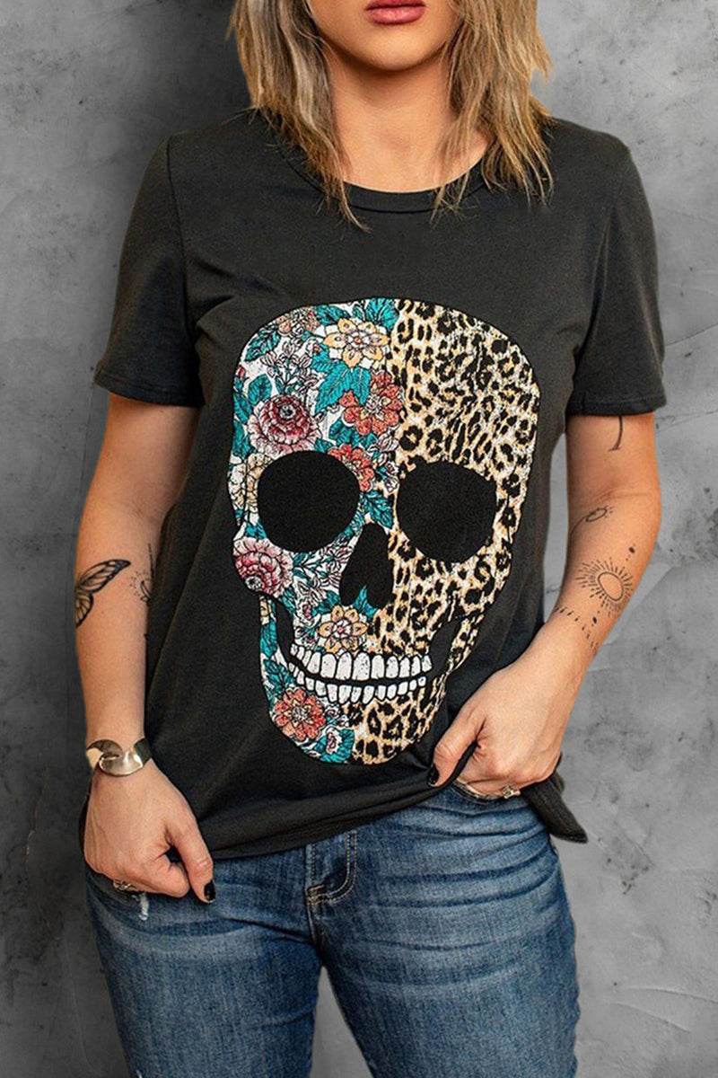 Womens Black Leopard & Floral Skull Tee