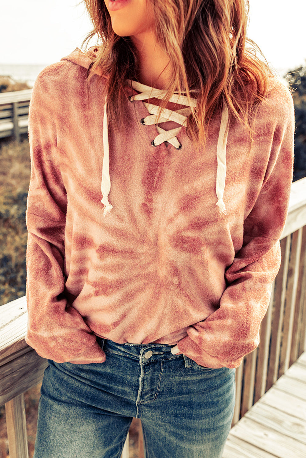 Womens Casual Tie Dye Lace Up Hoodie