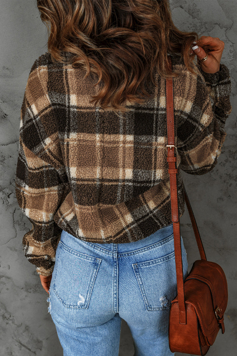 Womens Brown Zip Collar Plaid Pattern Fleece Sweatshirt