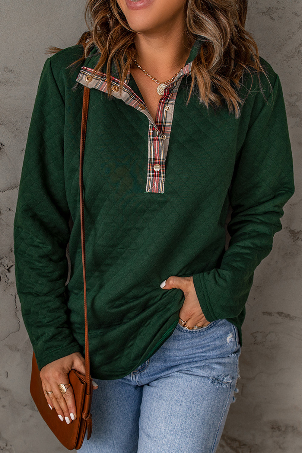 Womens Green Geometric Texture Plaid Trim Sweatshirt