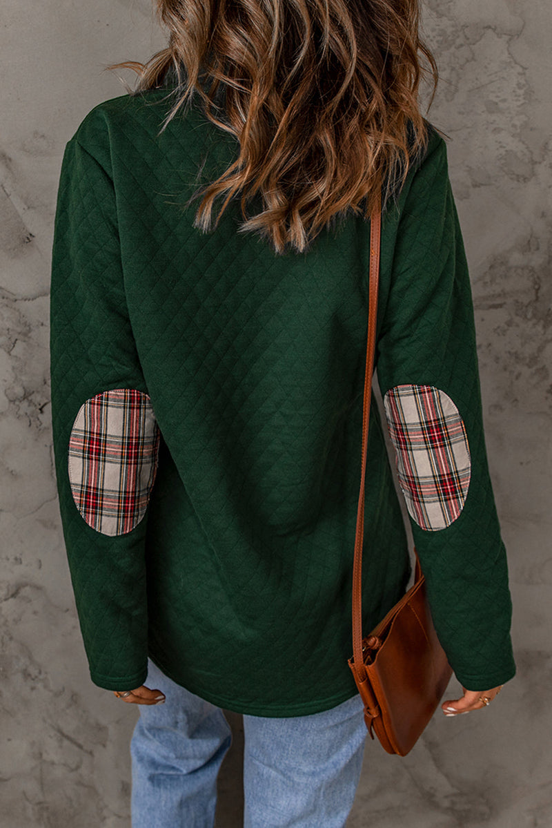 Womens Green Geometric Texture Plaid Trim Sweatshirt