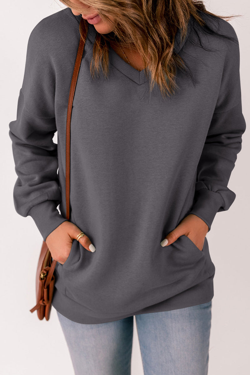 Casual Gray Ribbed V Neck Drop Shoulder Sweatshirt