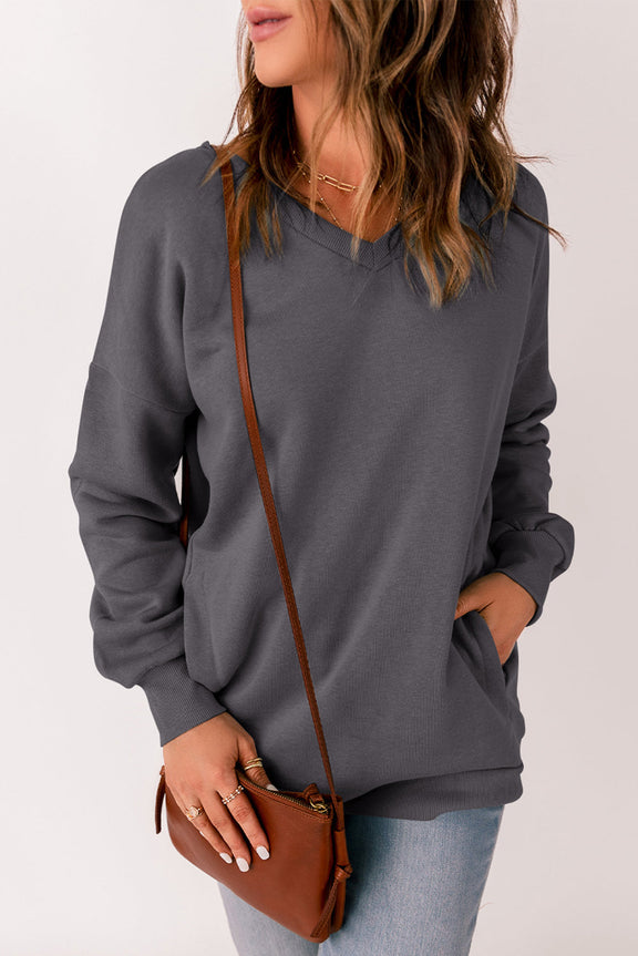 Casual Gray Ribbed V Neck Drop Shoulder Sweatshirt