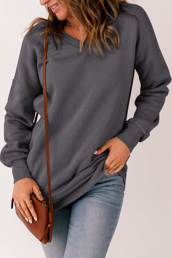 Casual Gray Ribbed V Neck Drop Shoulder Sweatshirt