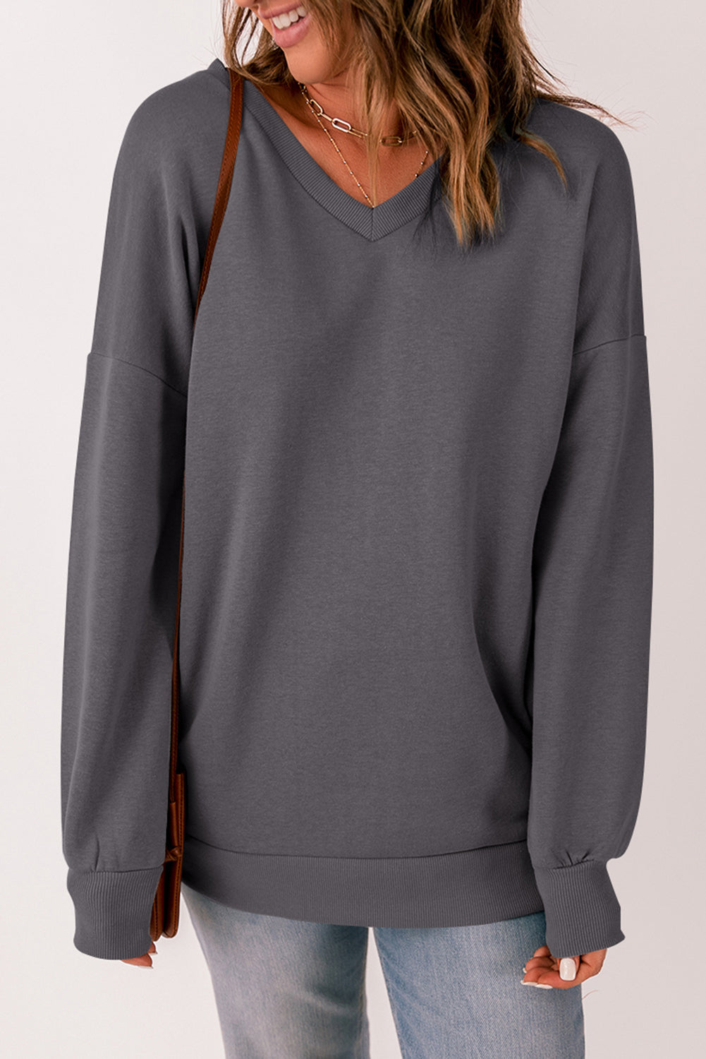 Casual Gray Ribbed V Neck Drop Shoulder Sweatshirt