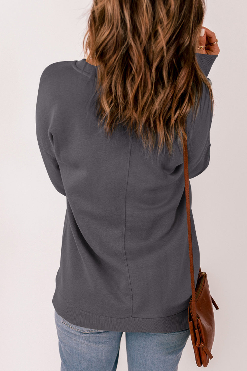 Casual Gray Ribbed V Neck Drop Shoulder Sweatshirt