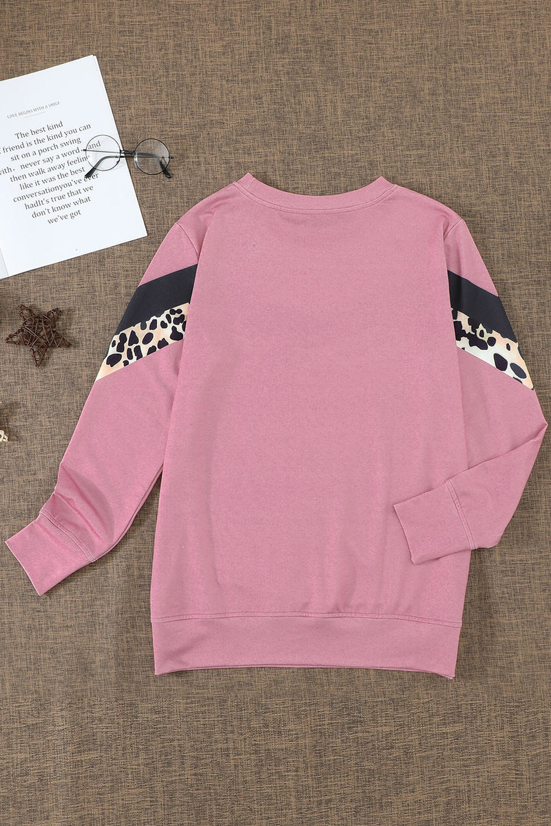 Women's Pink Leopard Print Crew Neck Color Block Sweatshirt