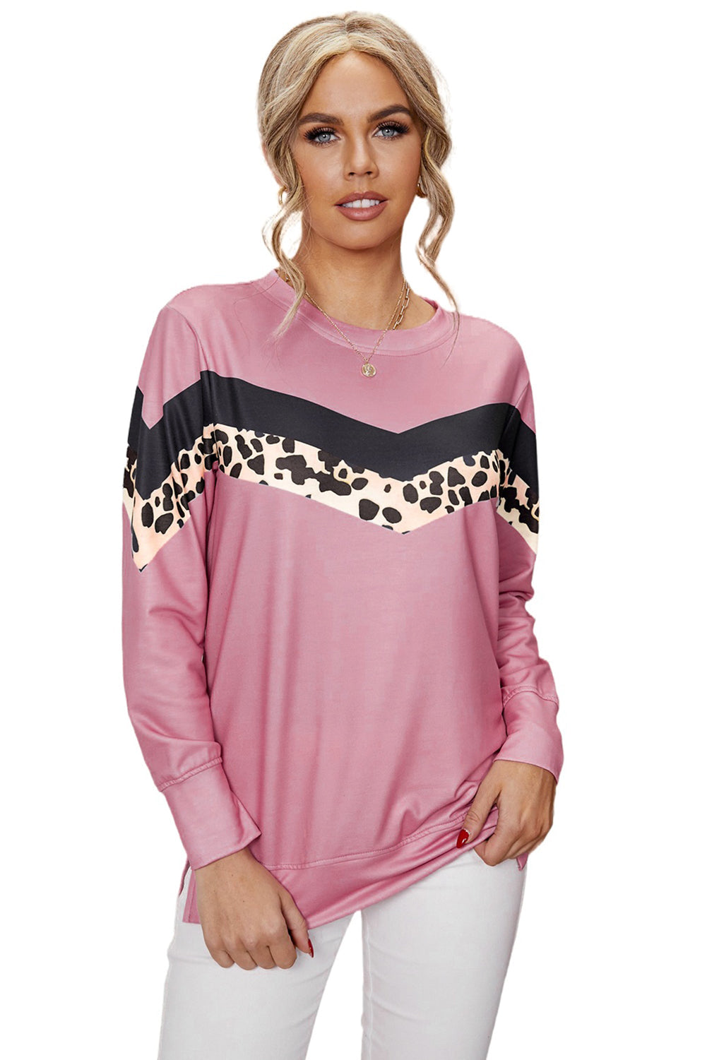 Women's Pink Leopard Print Crew Neck Color Block Sweatshirt