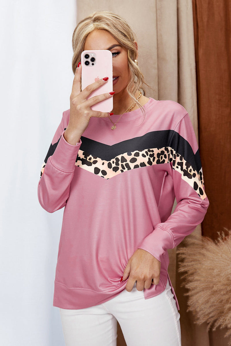 Women's Pink Leopard Print Crew Neck Color Block Sweatshirt