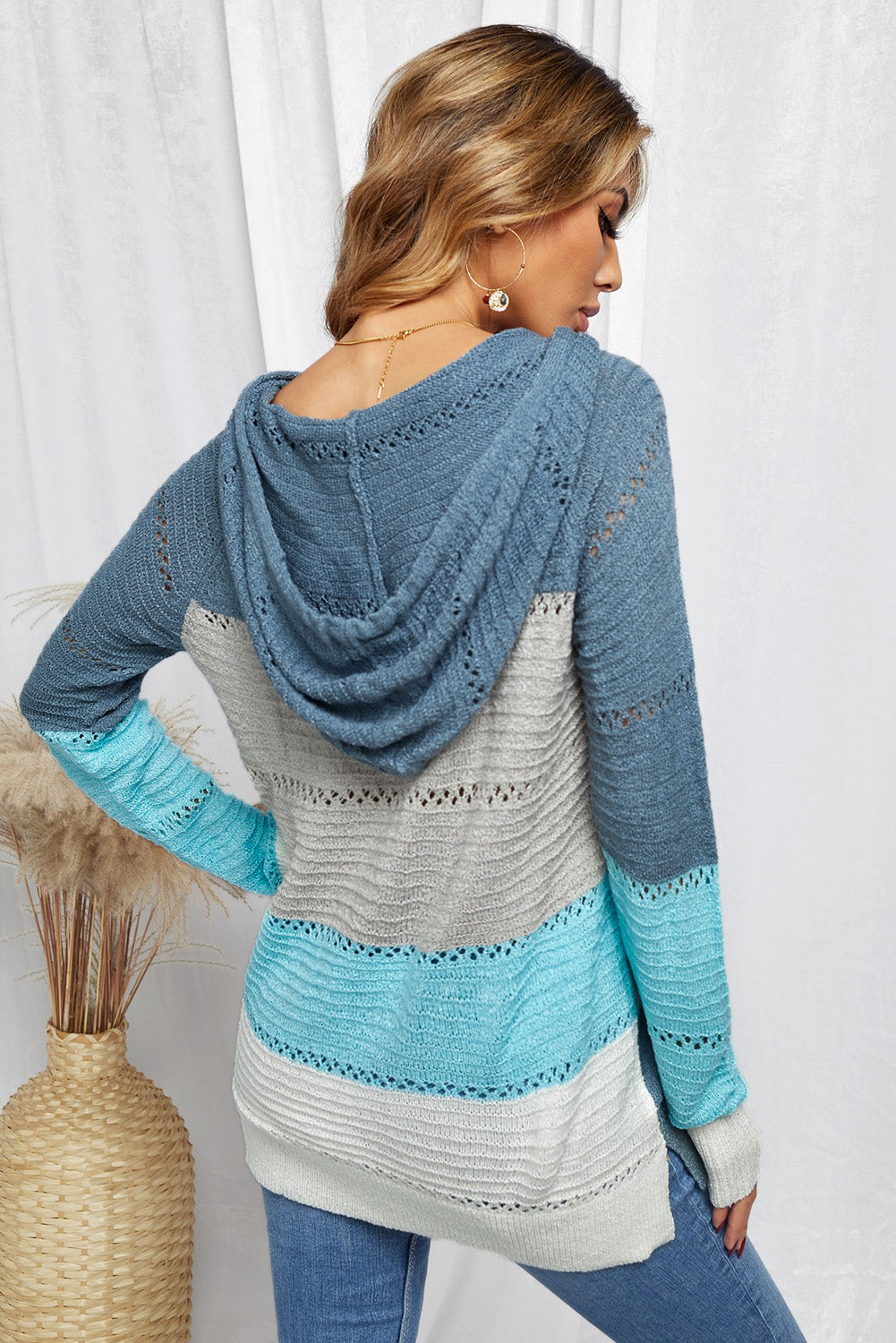 Womens Casual Sky Blue Beach Bonfire Knitted Hoodie