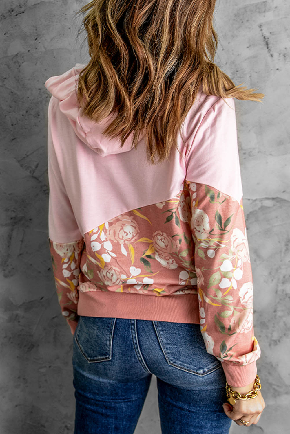 Women's Pink Floral Splicing Cowl Neck Hoodie