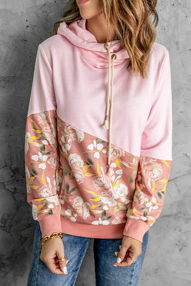 Women's Pink Floral Splicing Cowl Neck Hoodie