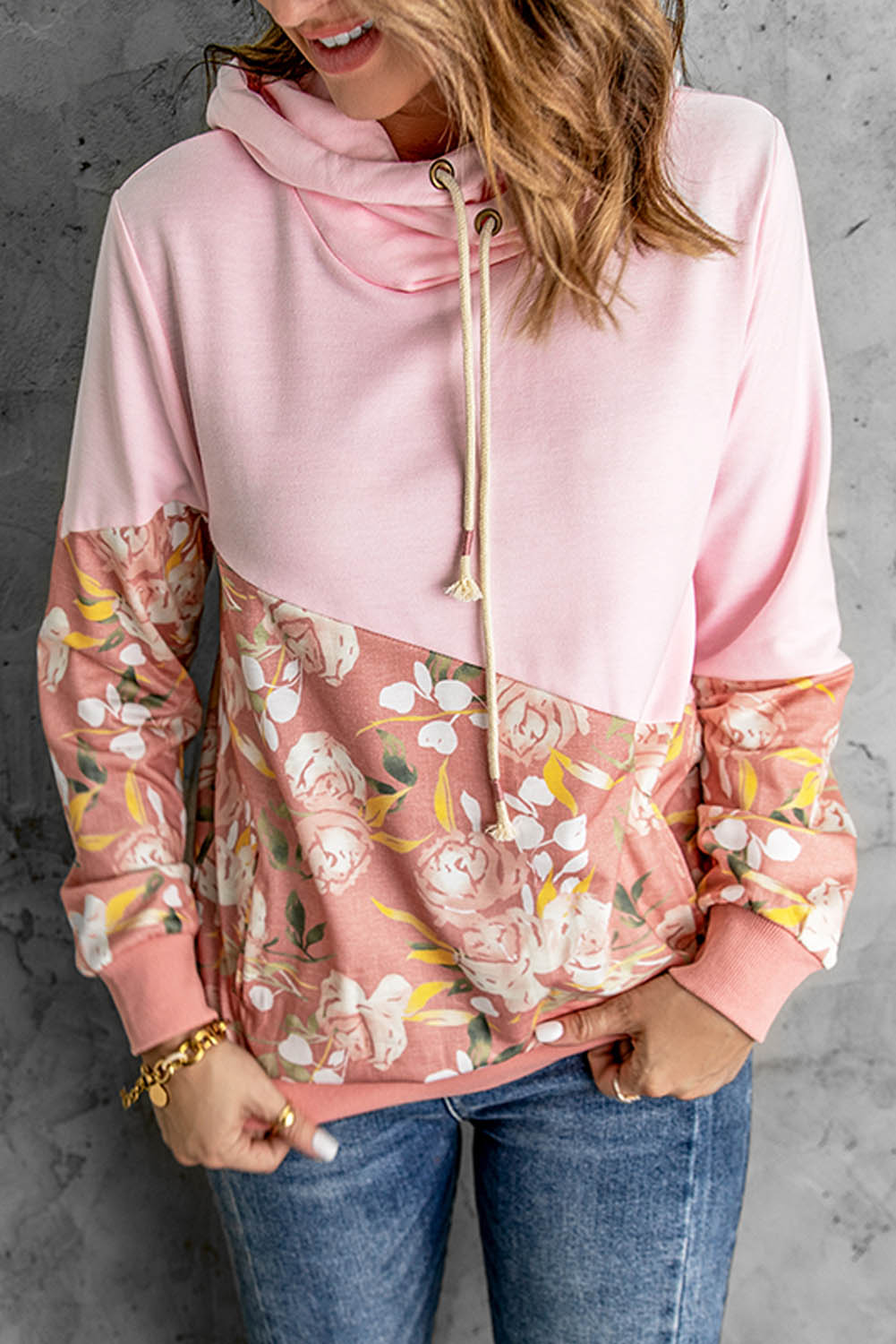 Women's Pink Floral Splicing Cowl Neck Hoodie