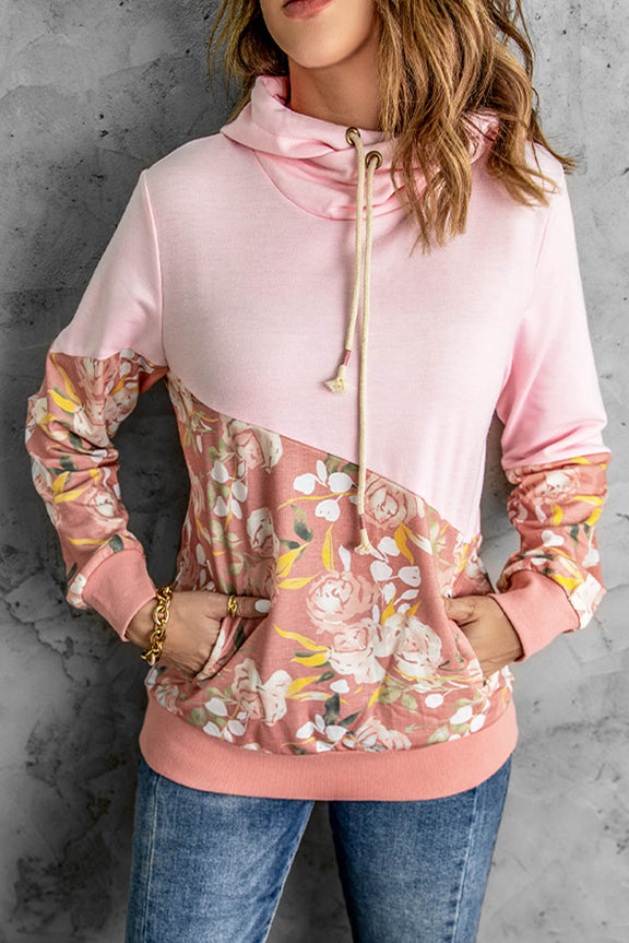 Women's Pink Floral Splicing Cowl Neck Hoodie