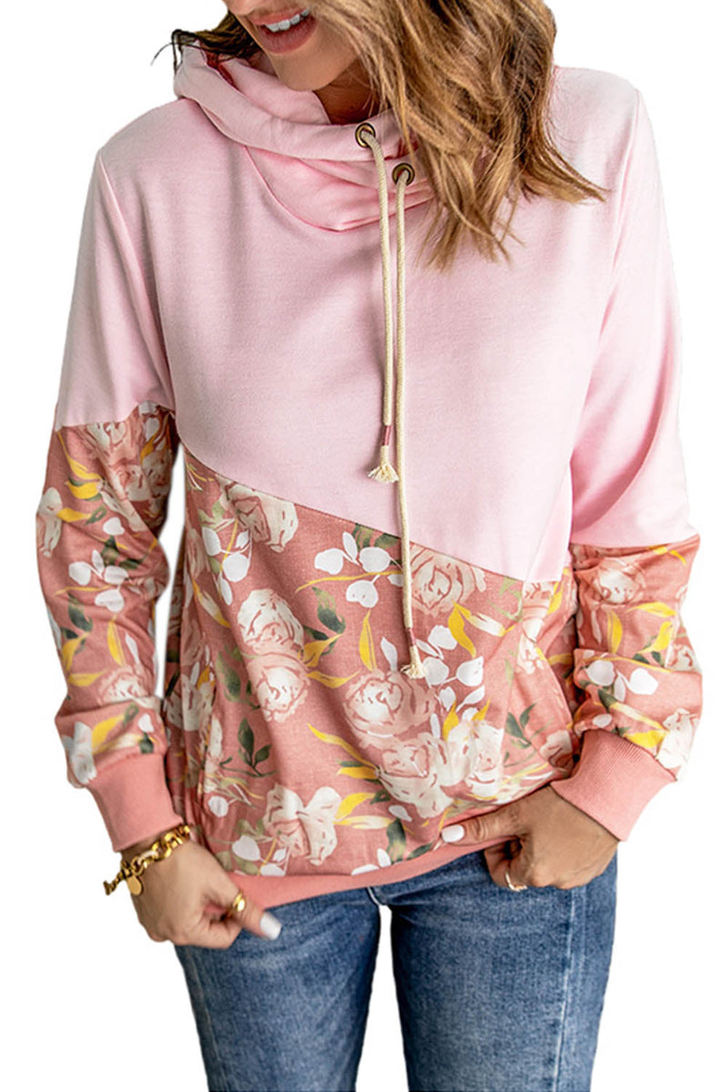 Women's Pink Floral Splicing Cowl Neck Hoodie