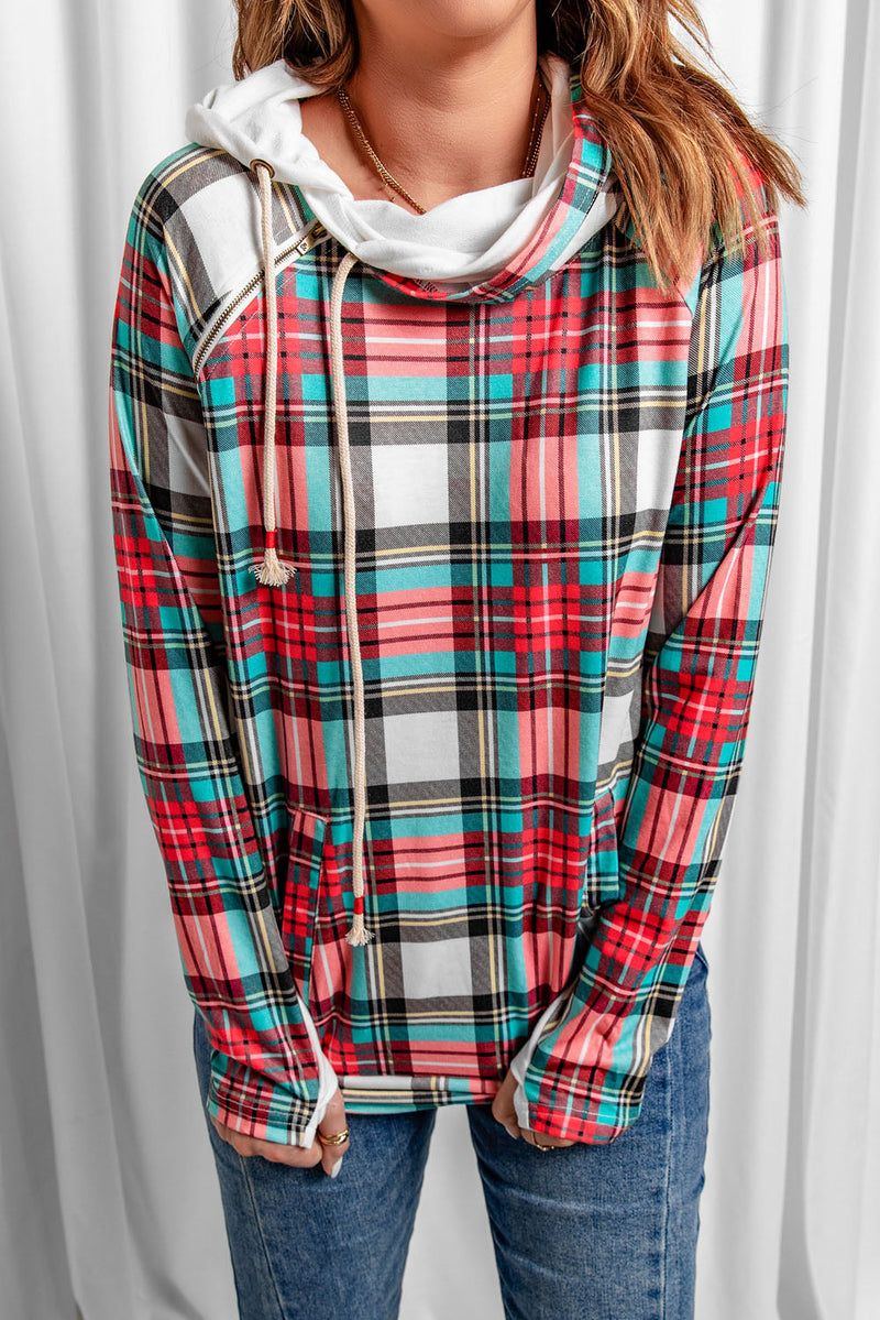 Multicolor Cowl Neck Plaid Drawstring Hoodie with Thumb Hole