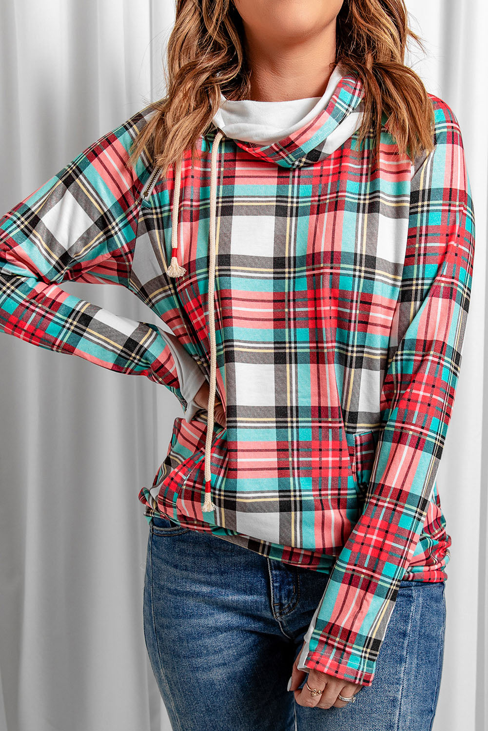 Multicolor Cowl Neck Plaid Drawstring Hoodie with Thumb Hole