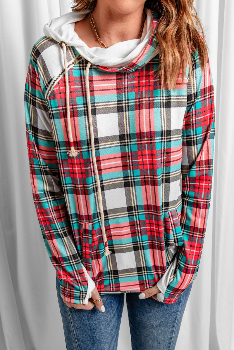 Cowl Neck Plaid Hoodie