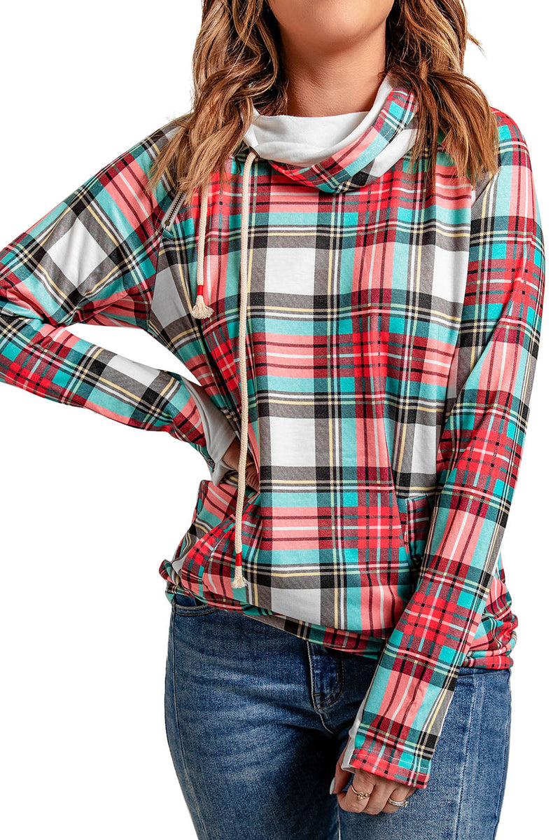 Cowl Neck Plaid Hoodie