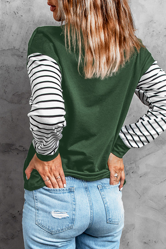 Women Green Striped Star Print Patchwork Long Sleeve Top