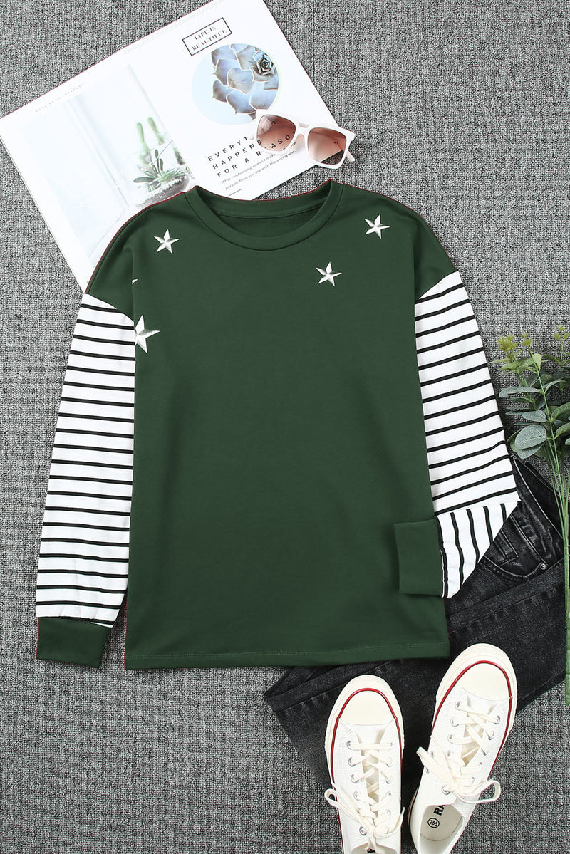 Women Green Striped Star Print Patchwork Long Sleeve Top