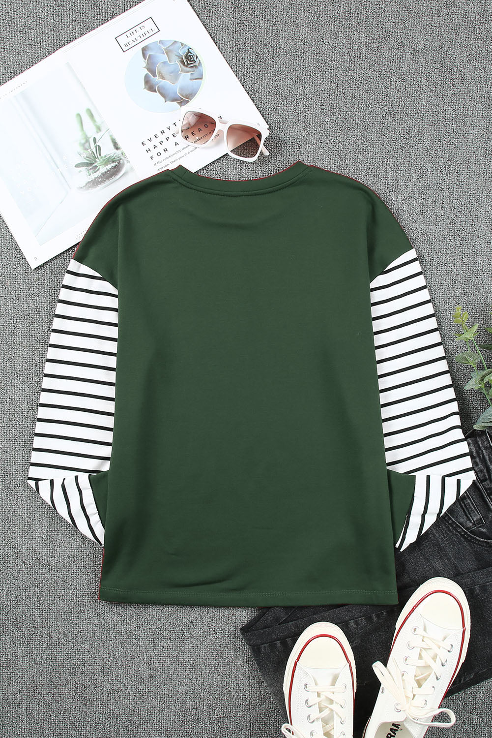 Women Green Striped Star Print Patchwork Long Sleeve Top