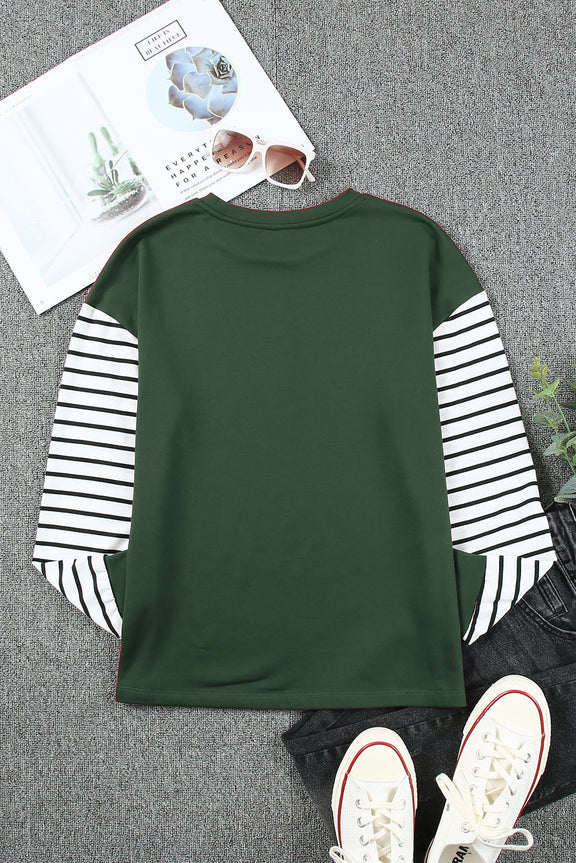 Women Green Striped Star Print Patchwork Long Sleeve Top