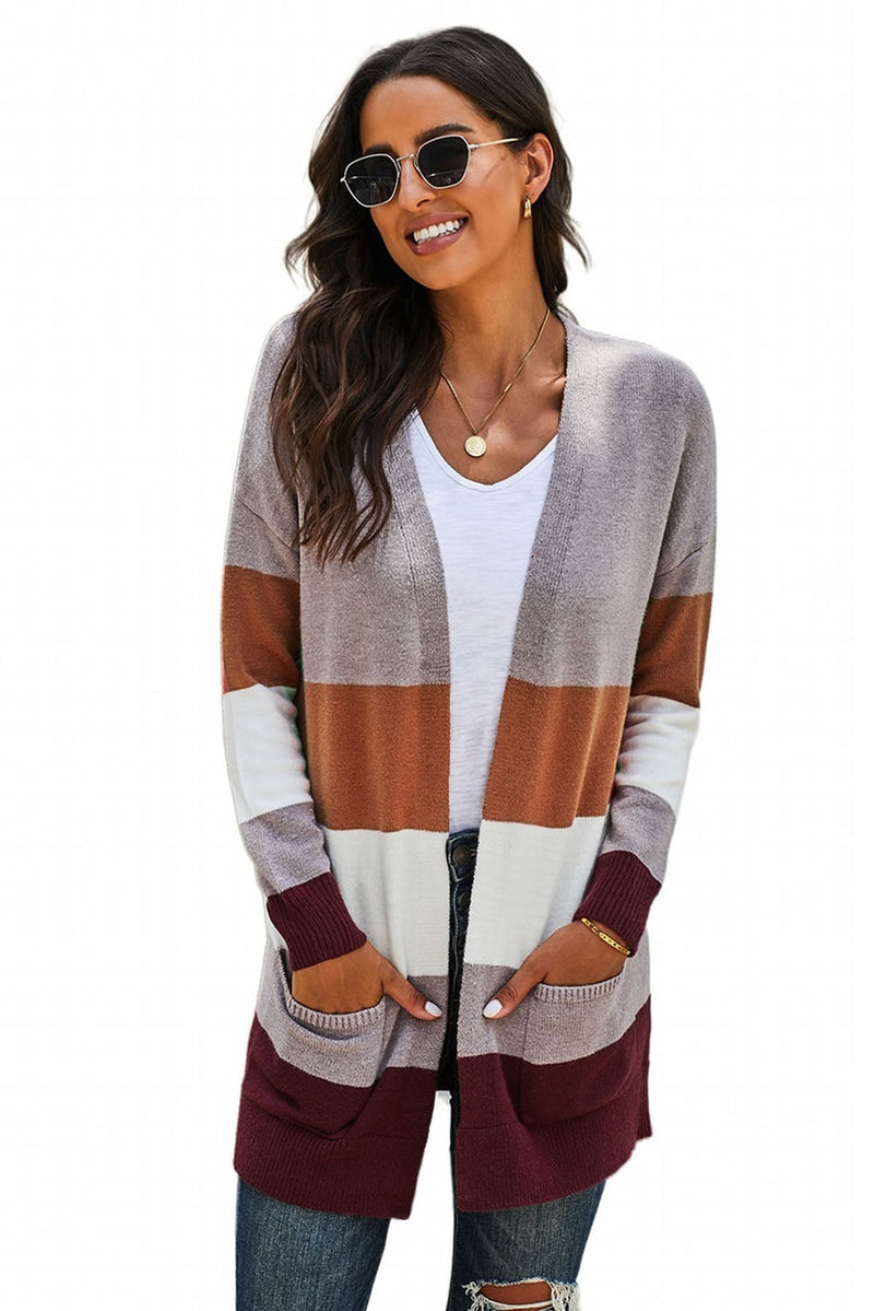 Casual Gray Colorblock Open Front Cardigan with Pockets