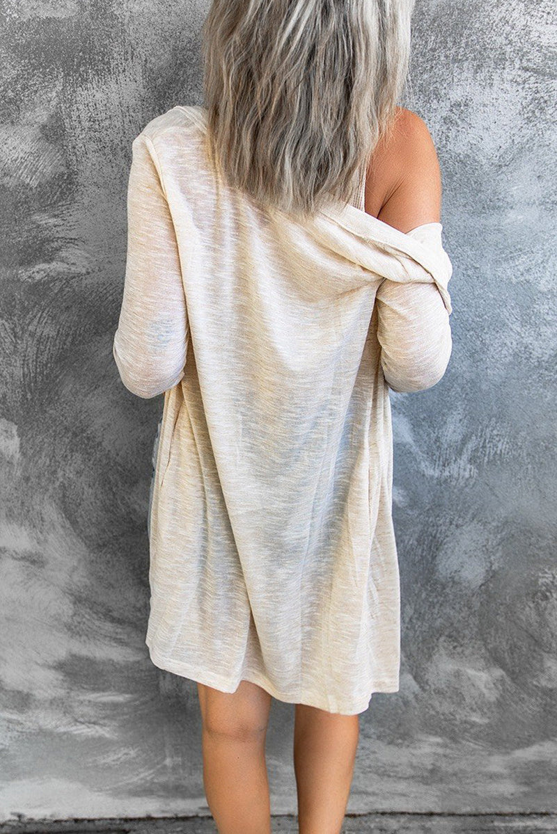 Comfy Beige Solid Color Open-Front Buttons Cardigan