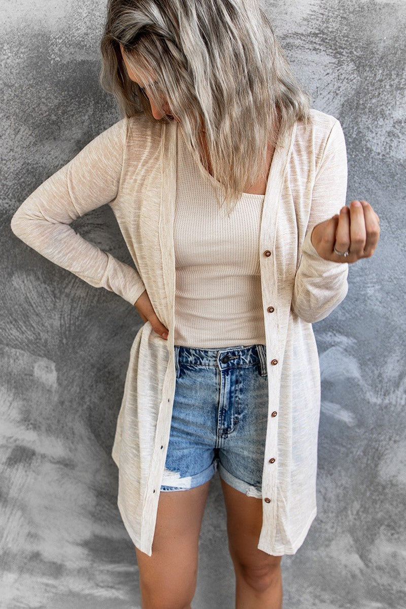 Comfy Beige Solid Color Open-Front Buttons Cardigan