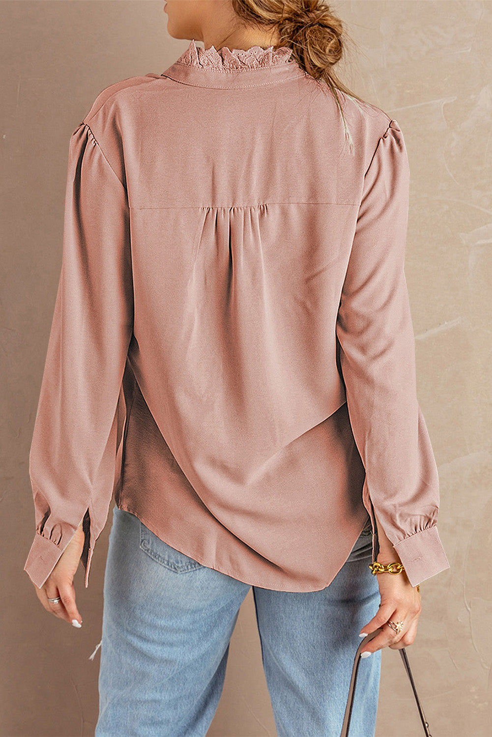 Pink Solid Color Lace Frilled Trims Long Sleeve Shirt