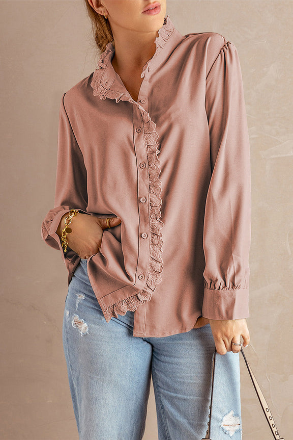 Pink Solid Color Lace Frilled Trims Long Sleeve Shirt