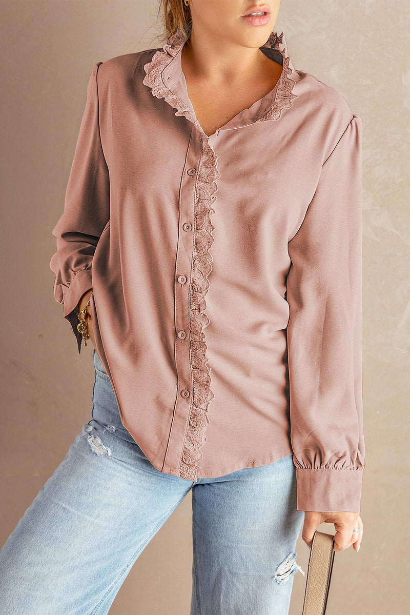 Pink Solid Color Lace Frilled Trims Long Sleeve Shirt