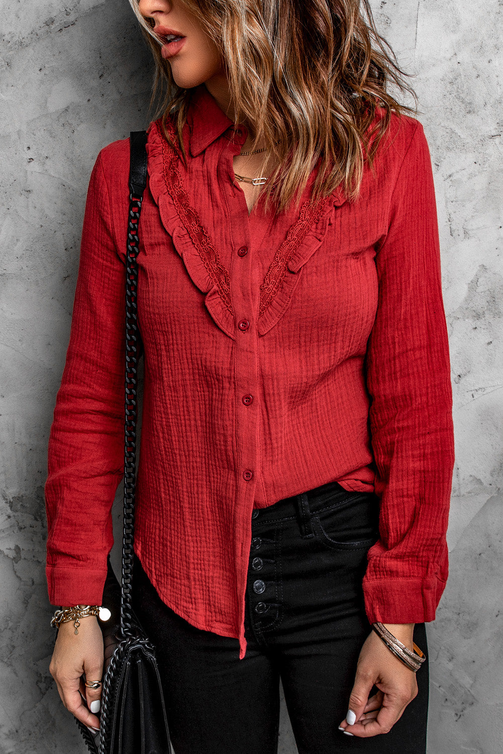 Wine Red Ruffles Crinkled Long Sleeve Shirt