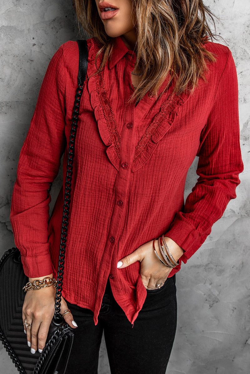 Wine Red Ruffles Crinkled Long Sleeve Shirt