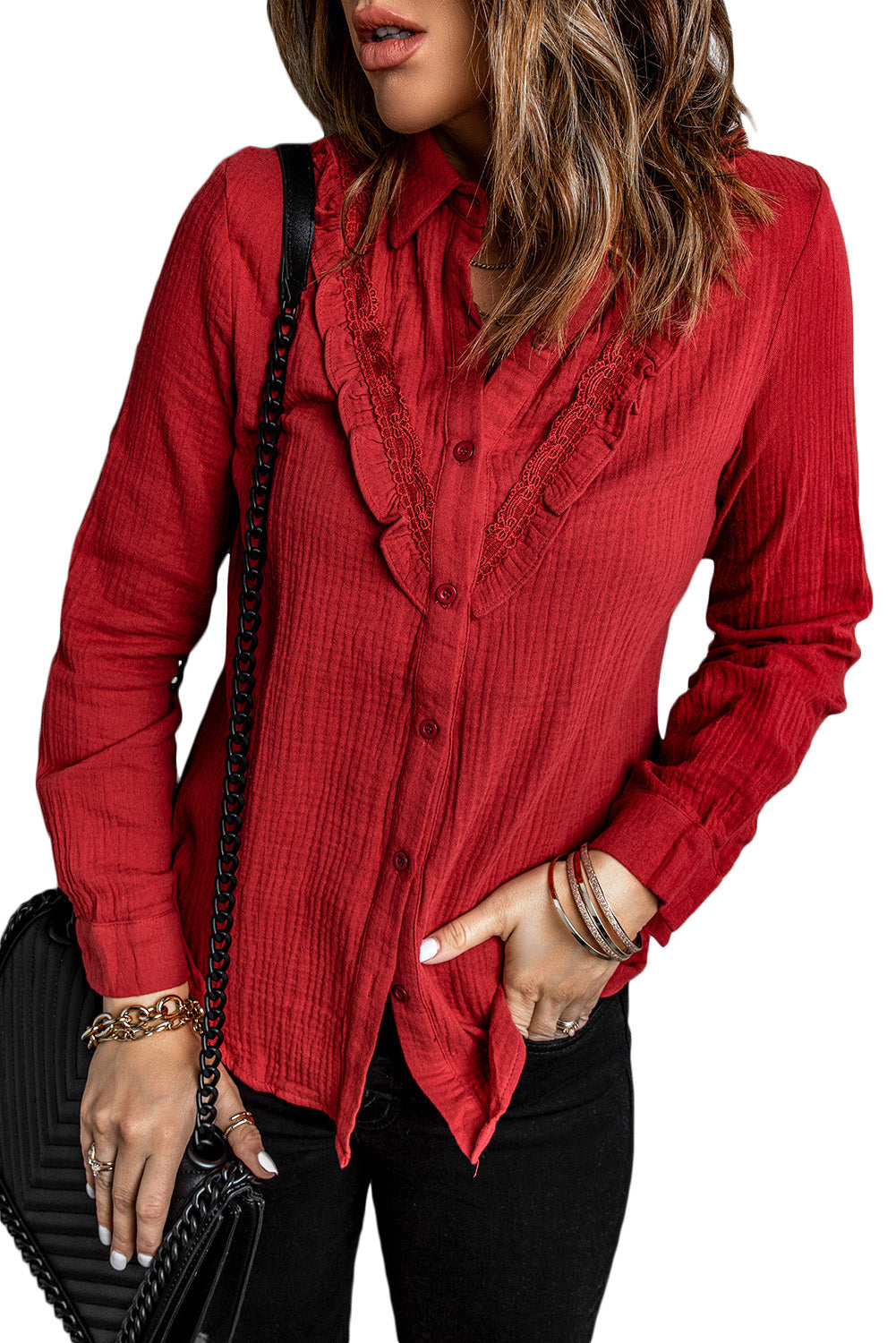 Wine Red Ruffles Crinkled Long Sleeve Shirt