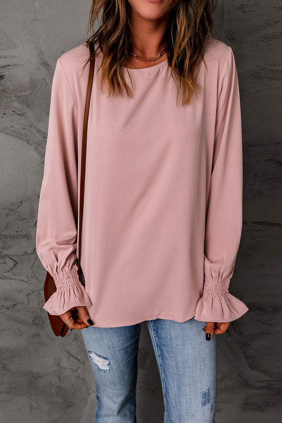 Pink Crew Neck Ruffle Bubble Sleeve Blouse Top