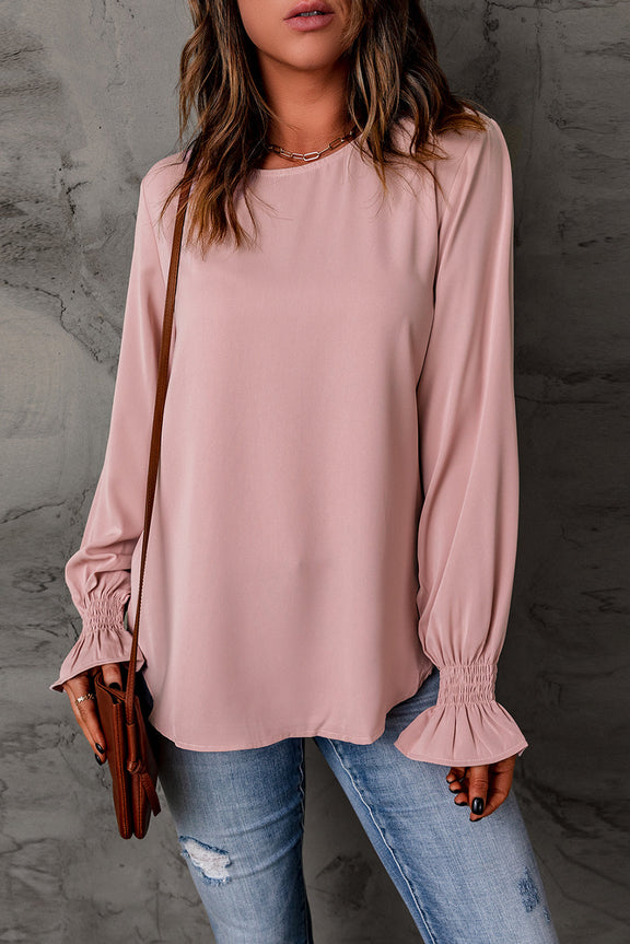 Pink Crew Neck Ruffle Bubble Sleeve Blouse Top