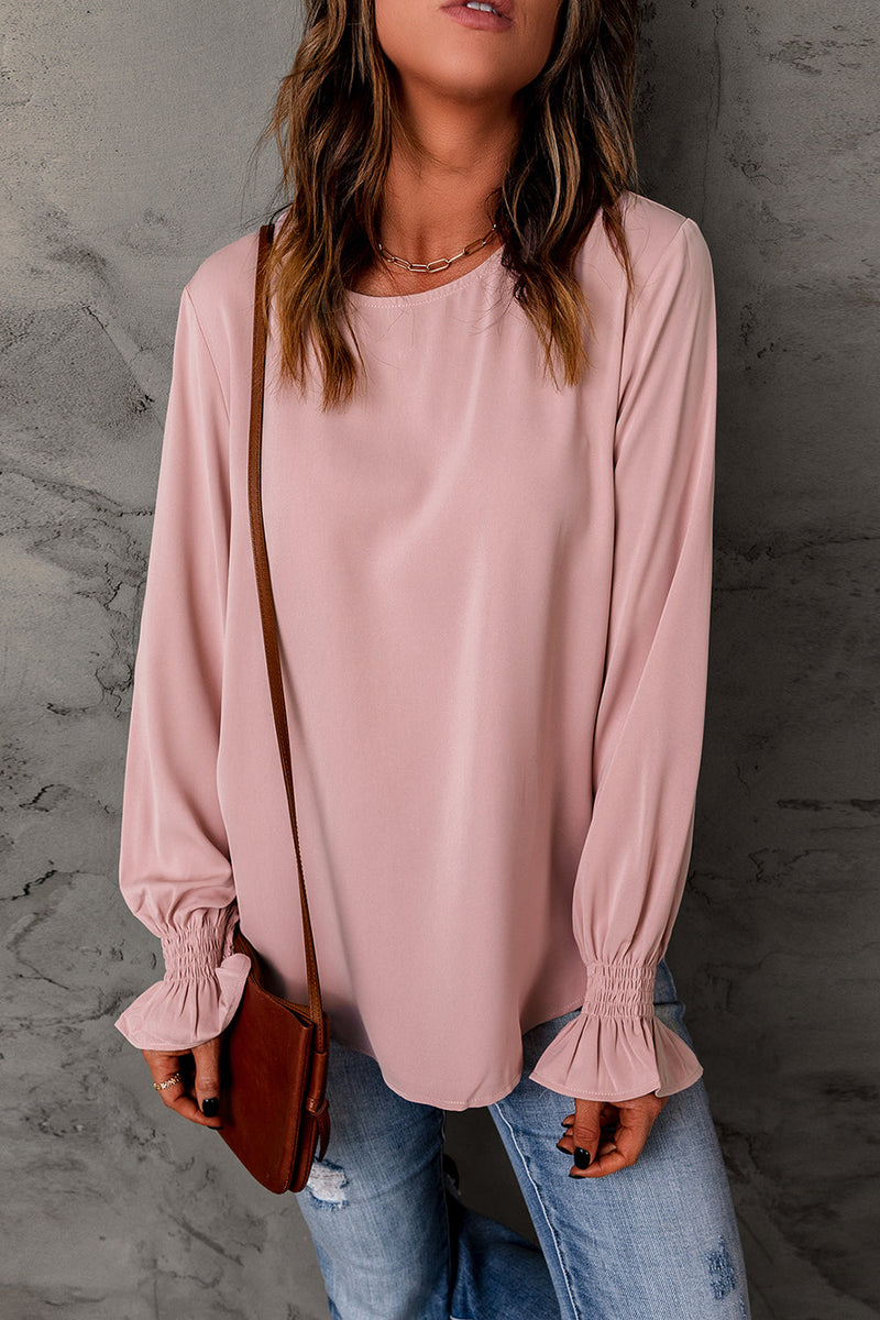 Pink Crew Neck Ruffle Bubble Sleeve Blouse Top