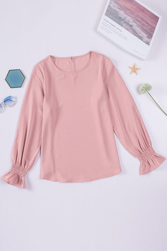 Pink Crew Neck Ruffle Bubble Sleeve Blouse Top