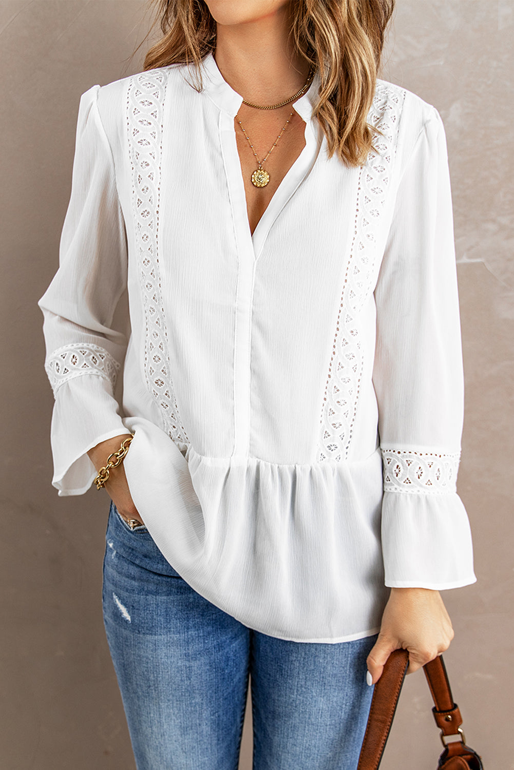 White Lace Ruffed Long Sleeve V Neck Shirt