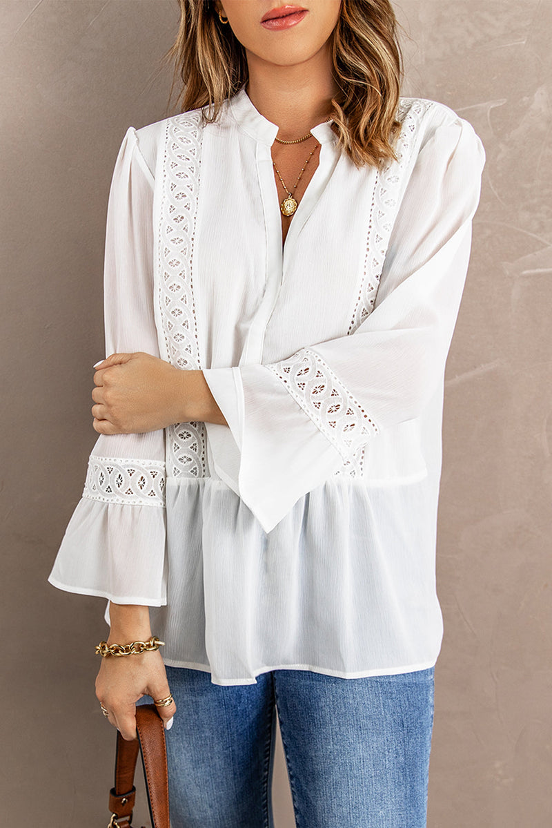 White Lace Ruffed Long Sleeve V Neck Shirt