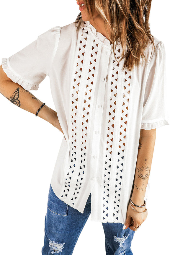 White Frilled Hollow-out Short Sleeve Shirt