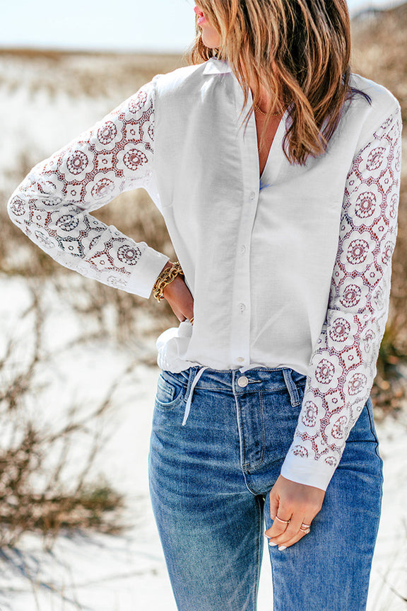 Classy White Lace Contrast Sleeves Buttoned Shirt